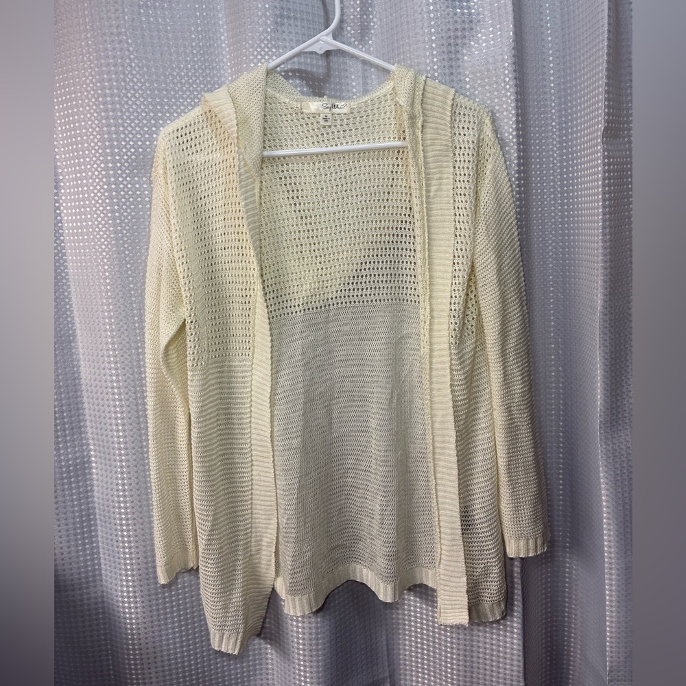 Say What? Women’s medium Cream Open-Knit Sweater, hooded
